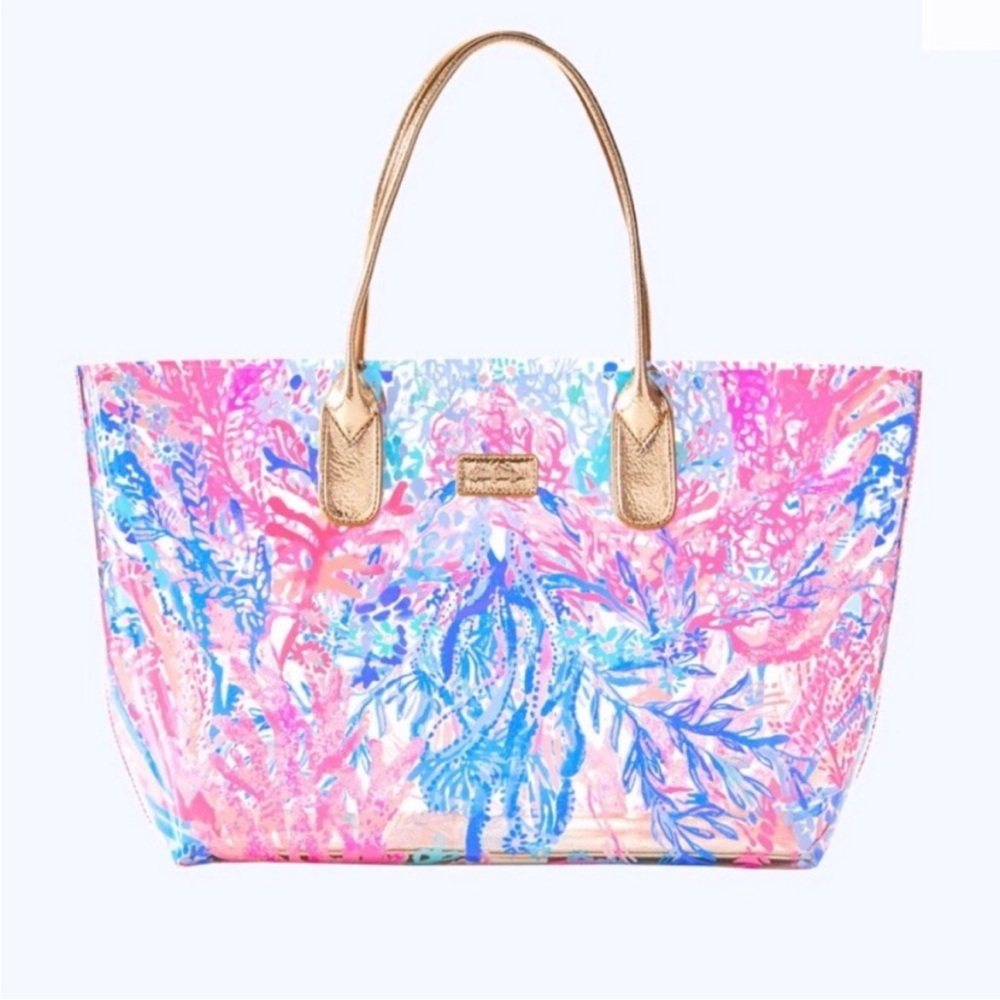 Lilly Pulitzer Vibrant Pink and Blue Tote with Gold Accents - Picture 3 of 3